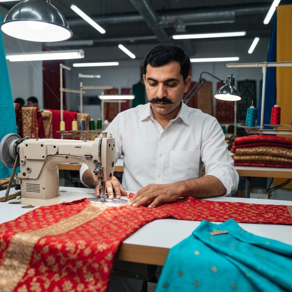 Professional Pakistani tailor at work